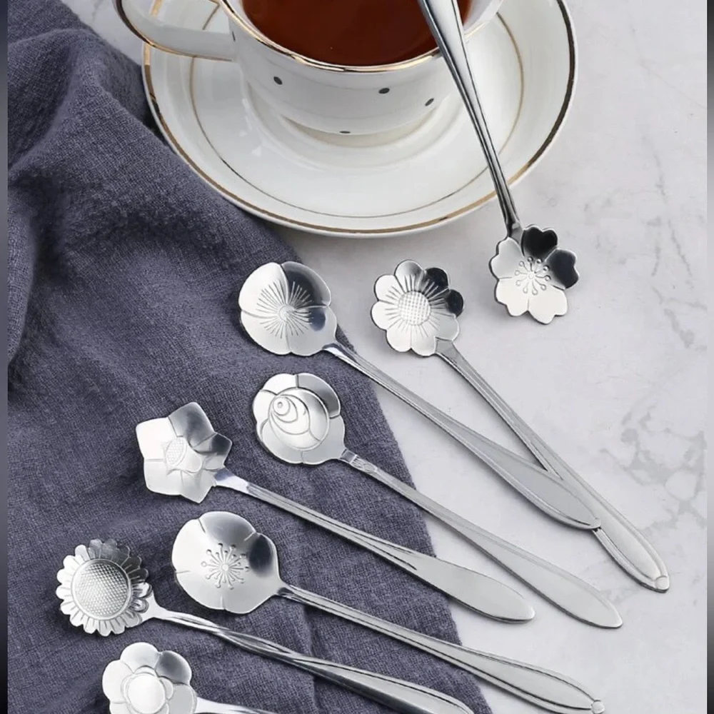 Set of 8 Silverware Flower Heart Stainless Steel Spoons, 8 Piece Flower Spoons